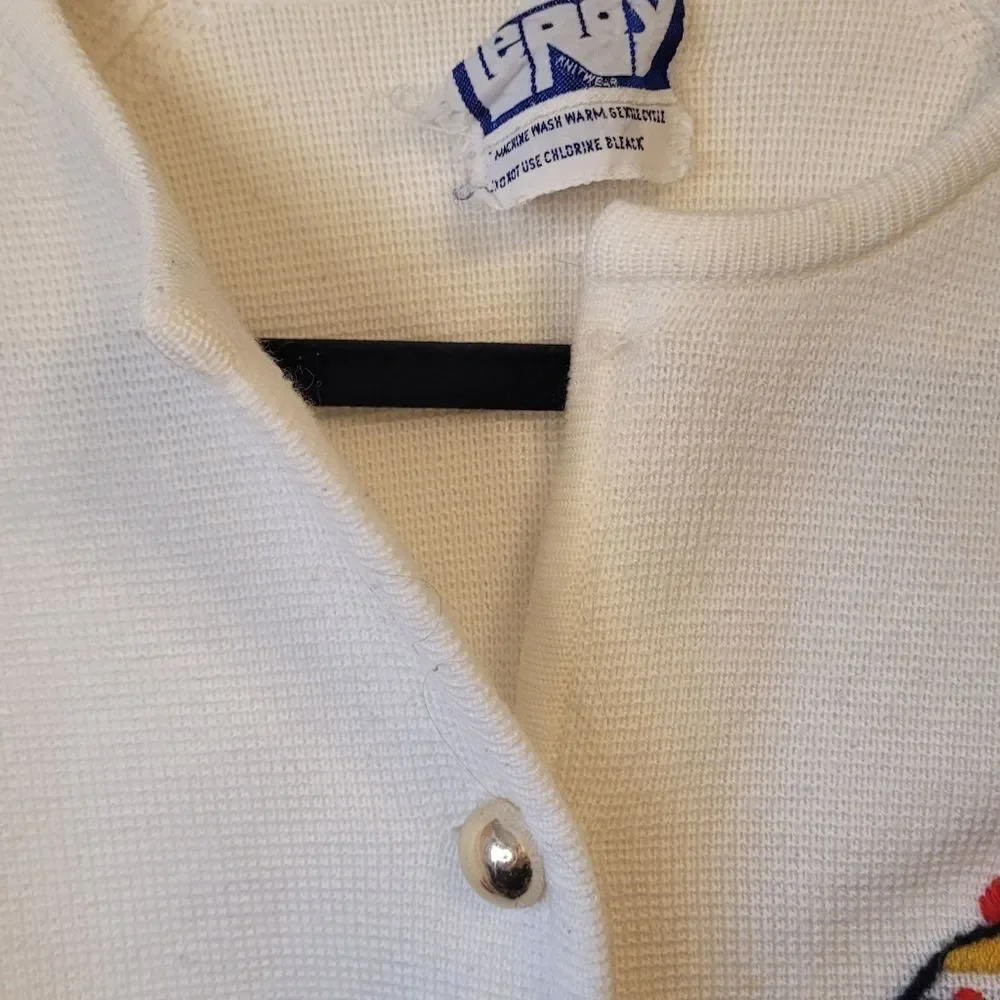 Vintage Leroy White Ski Motif Knit Cardigan Women's Size M
